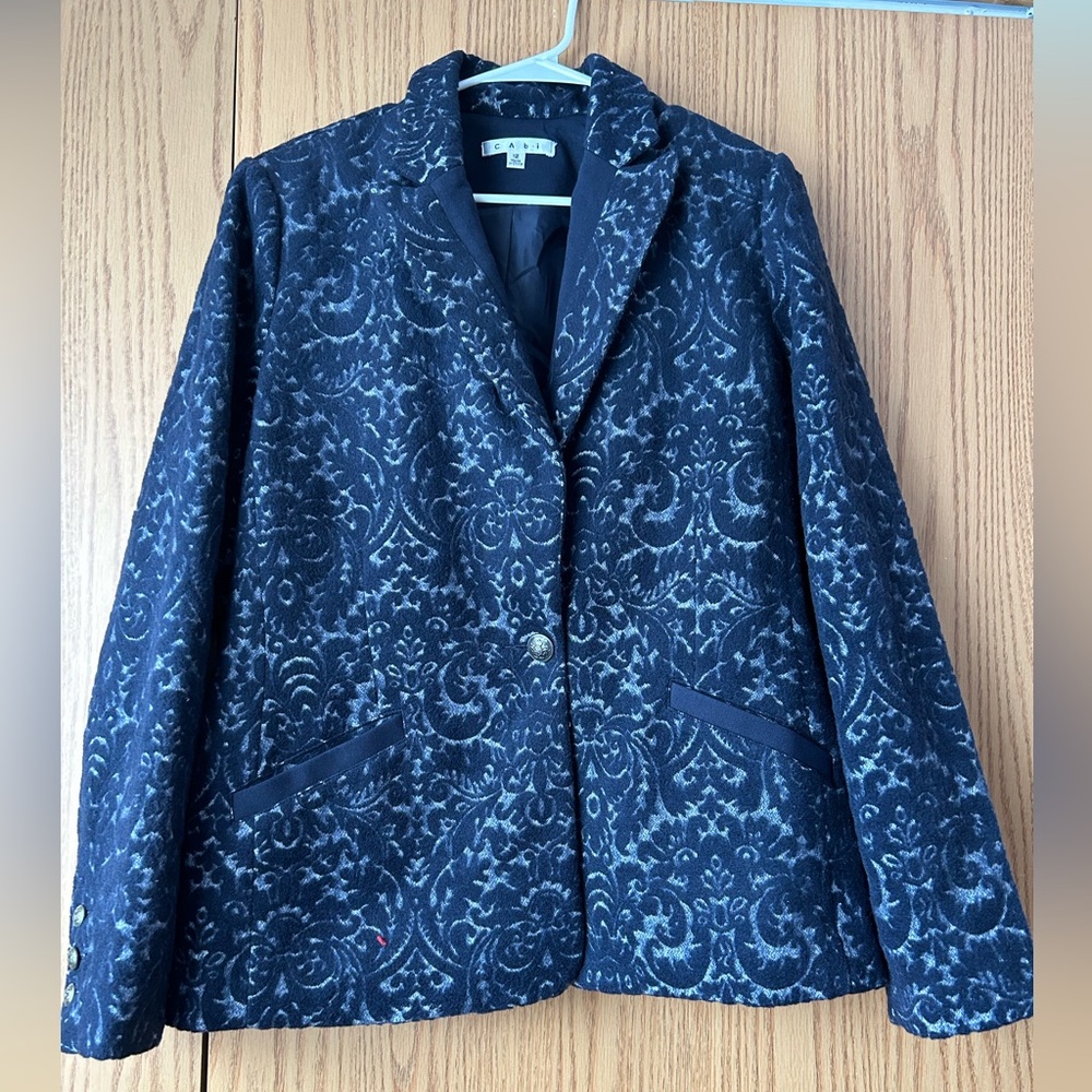 Cabi Floral Jacquard Jacket Blazer Button Style Navy Blue Size 12